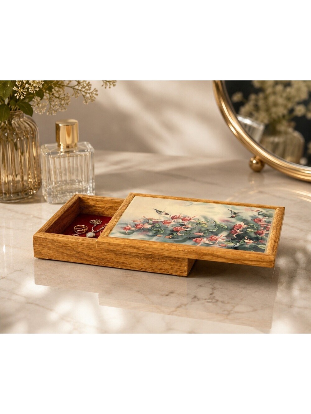 NIB Wild Wings 1980s Oak Hummingbird Keepsake Box Ceramic Tile Lid, 6.5x5x2"
